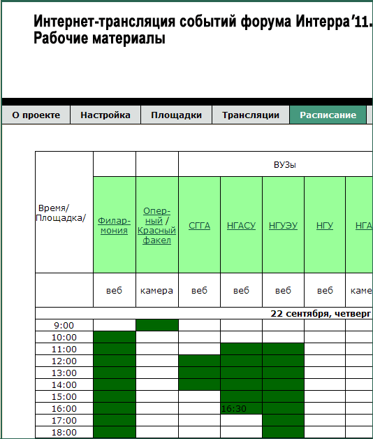 Фрагмент расписания трансляций