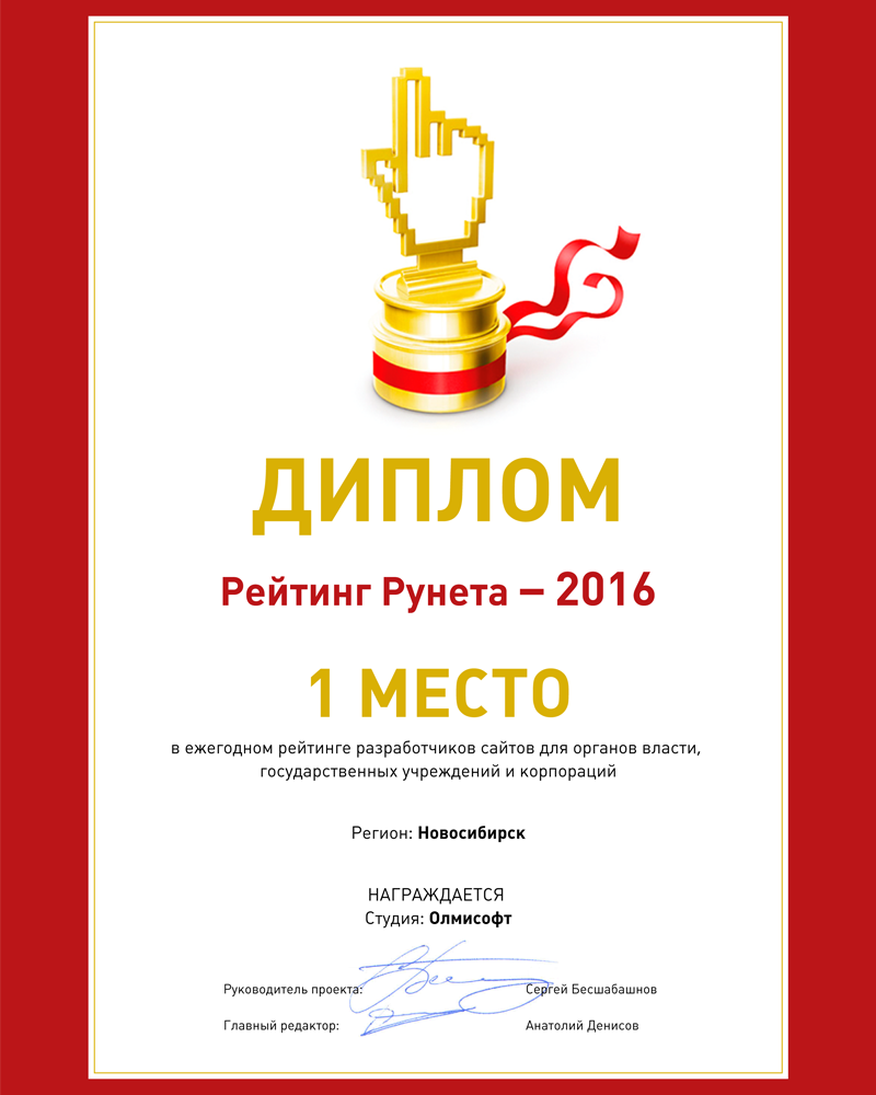 Диплом "1 место среди разработчиков сайтов органов государственной власти"